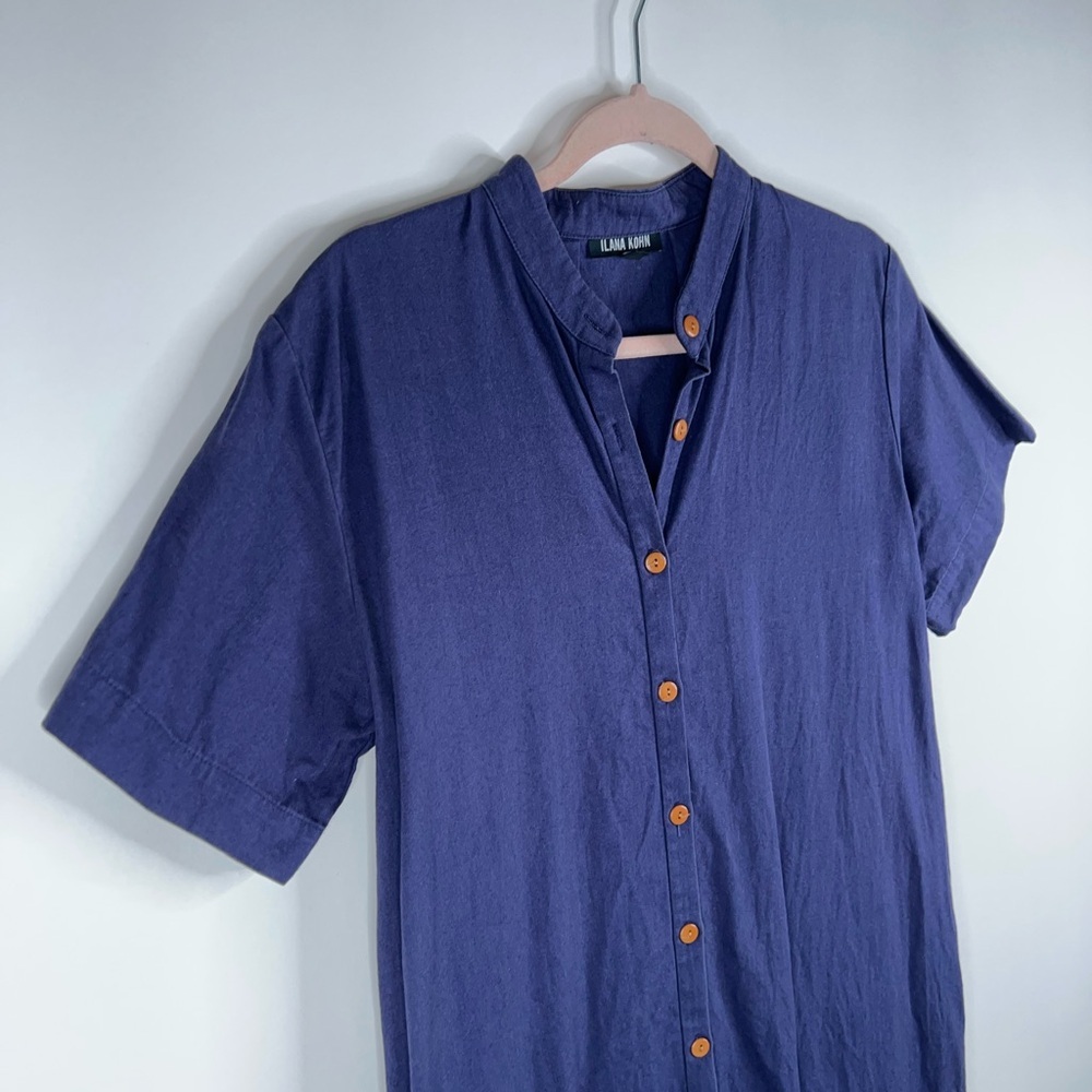 Ilana Kohn Gigi Maxi Dress Navy Blue Button Front Short Sleeve Cotton Minimal - Picture 3 of 14